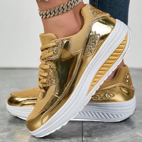 Women's Metallic Platform Sneakers Gold Silver Lace-Up Fashion Sneakers With Sequin Rhinestone Glitter Thick Sole Shoes
