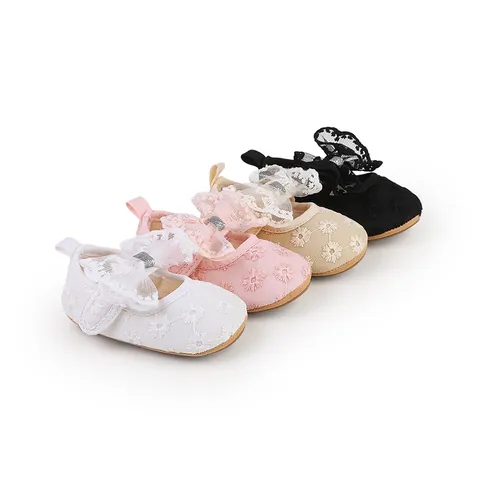Infant Baby Girl Princess Prewalker Shoes Soft Sole Non-Slip Lace Bow Flower Embroidery Mary Jane First Walker Shoes