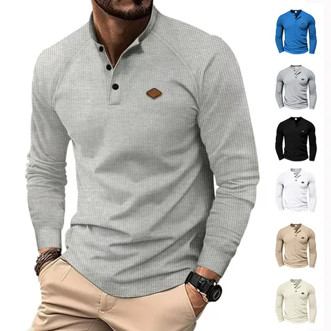Men's Waffle Knit Henley Shirt Long Sleeve Casual Raglan Sleeve Button Up Top Quick Dry Texture Solid Color Tee