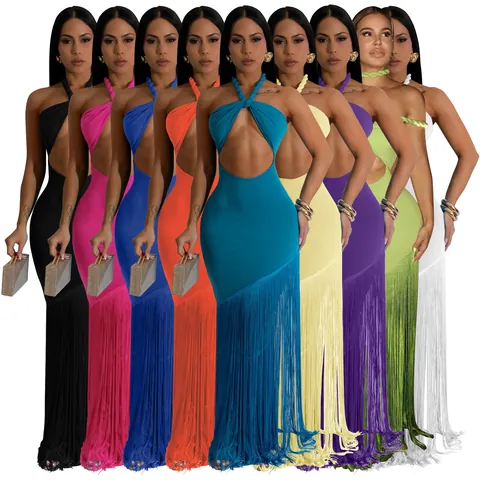 Damen Sexy Halfter Hals Ausschnitt Fransen Patchwork Bandagenkleid Sommer Bodycon Party Abendkleid Rückenfrei Maxikleid