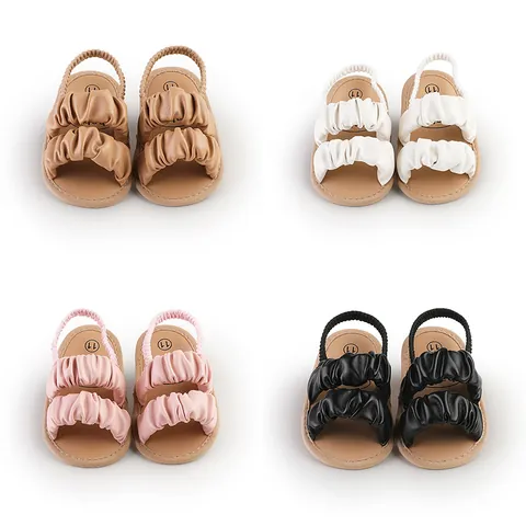 Baby Girls Summer Prewalker Sandals Soft Sole Ruched PU Leather Infant First Walker Shoes With Elastic Back Strap Non-Slip