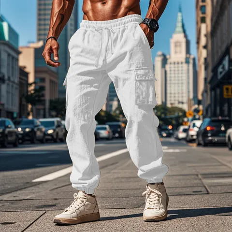Men Casual Cargo Jogger Pants Cotton Blend Multi-Pocket Drawstring Trousers Solid Color Straight Leg Breathable Bottoms