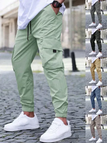 Men's Casual Cargo Joggers Drawstring Elastic Waist Outdoor Running Pants Solid Color Loose Fit Cuffed Bottom Sweatpants