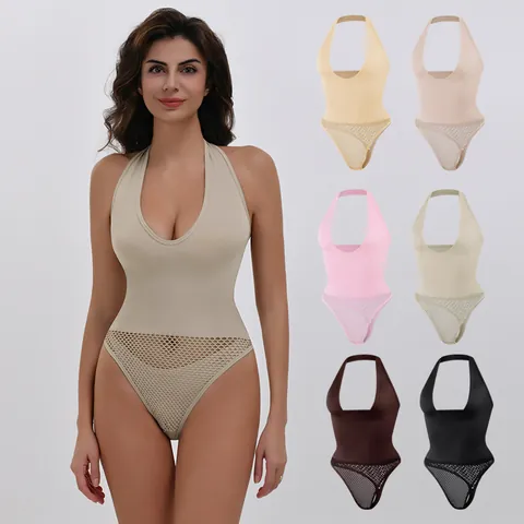 Women Halter Neck Deep V Shapewear Bodysuit Seamless Tummy Control Jumpsuit Slim Fit Ribbed Mesh Hollow Out Sexy Leotard Top