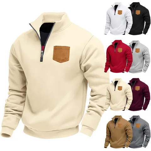 Men Casual Fleece Sweatshirt Half Zip Stand Collar Contrast Patch Pocket Pullover Loose Top For Autumn Winter