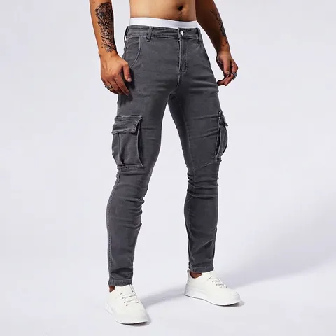 Men American Workwear Slim Fit Denim Cargo Pants Multi-Pocket Washed Straight Leg Jeans For Men Casual Urban Style
