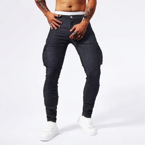 Men American Workwear Slim Fit Denim Cargo Pants Multi-Pocket Washed Straight Leg Jeans For Men Casual Urban Style