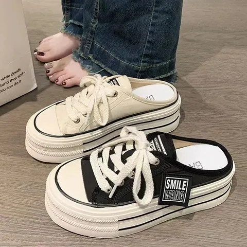 Women Platform Mule Sneakers Breathable Mesh Backless Canvas Shoes Thick Sole Casual Slip On Shoes Daily Walking Shoes For Women