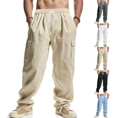 Heren Wijde Pijpen Cargo Broek Multi-Pocket Ademend Losjes Casual Rechte Pijpen Koordsluiting Broek Voor Alle Seizoenen