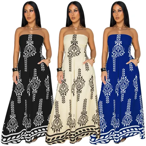 Women's Bohemian Floral Positioned Print Tube Top Jumpsuit Wide Leg Linen Maxi Dress Romper Strapless Backless Beach Outfits