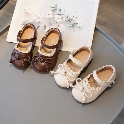 Chaussures Mary Jane pour Petites Filles Style Princesse Vintage Nœud Bordure Dentelle Semelle Souple Chaussures Plates Enfants