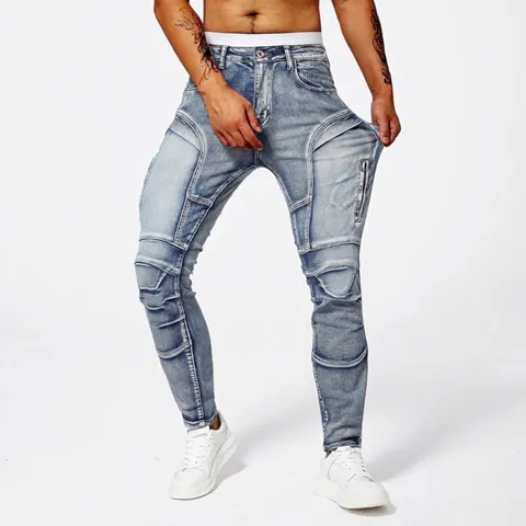 Men's Biker Jeans Slim Fit Stretchy Skinny Denim Pants Washed Pleated Streetwear With Zipper Details Casual Cotton Trousers