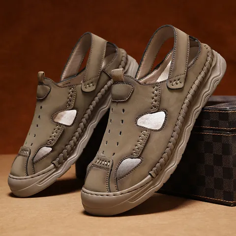 Men Breathable Hollow Out Closed Toe Sandals Casual PU Leather Hand Stitched Slip On Beach Shoes Outdoor Leisure Footwear