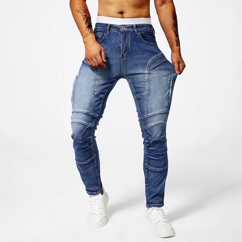 Men's Biker Jeans Slim Fit Stretchy Skinny Denim Pants Washed Pleated Streetwear With Zipper Details Casual Cotton Trousers