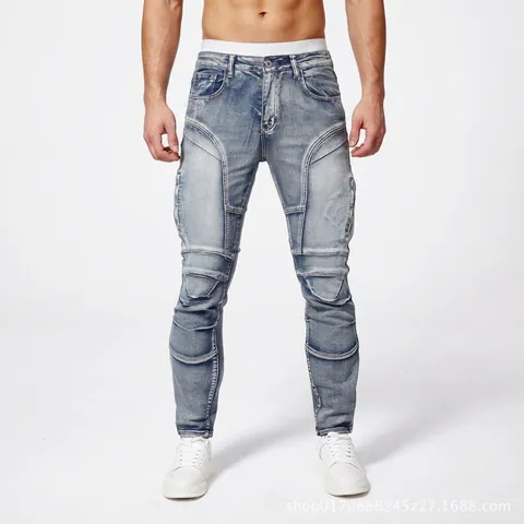 Men's Slim Fit Biker Jeans Casual Stretch Denim Pants Distressed Patchwork Streetwear Fashion Long Trousers