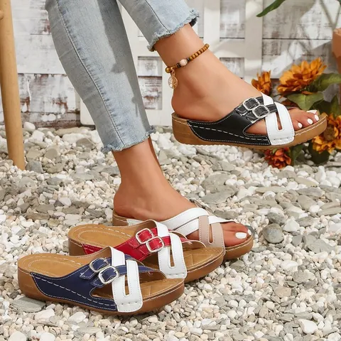 Women's Casual Wedge Heel Slippers Straw Faux Leather Cross Straps Metal Buckles Open Toe Fish Mouth Ethnic Style Shoes