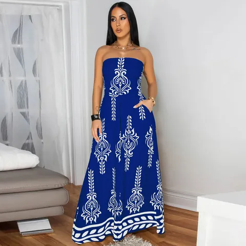 Women's Bohemian Floral Positioned Print Tube Top Jumpsuit Wide Leg Linen Maxi Dress Romper Strapless Backless Beach Outfits