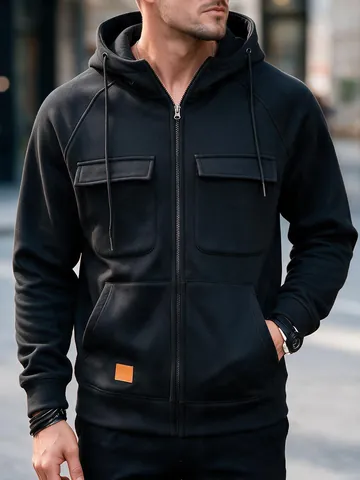 Sudadera con Capucha y Cremallera para Hombre Estilo Americano Forro Polar Cuello Alto Casual con Varios Bolsillos Color Sólido