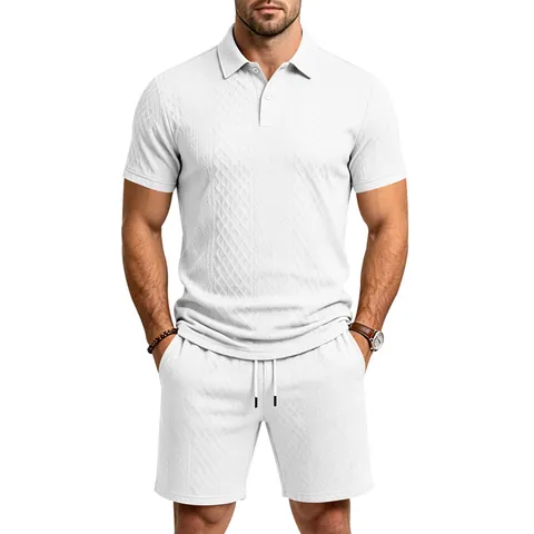 Herren Sommer Schwerer Jacquard Polohemd Und Shorts Set Lässig Kurzarm Top Und Bottom Locker Pendler Anzug