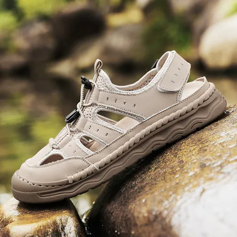 Sandali Sportivi da Uomo All'aperto Traspiranti in Mesh Pelle PU Cuciti Casual Scarpe da Trekking Estive Taglie Forti Antiscivolo
