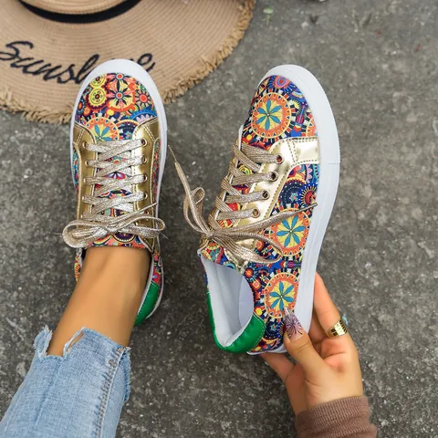 Women's Bohemian Mandala Printed Canvas Sneakers Metallic Gold Round Toe Casual Board Shoes Ethnic Low Top Flat Shoes