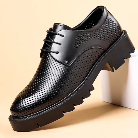 Men Business Hollow Out Elevator Leather Shoes Breathable Thick Sole Lace Up Formal Dress Shoes For Work Daily Wear Black