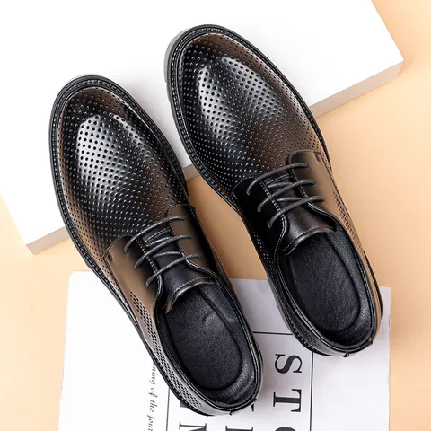 Men Business Hollow Out Elevator Leather Shoes Breathable Thick Sole Lace Up Formal Dress Shoes For Work Daily Wear Black