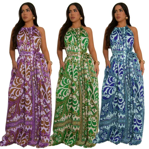 Halter Neck Backless Paisley Print Jumpsuit For Women Summer Vacation Sexy Sleeveless Wide Leg Romper With Tie Waist Pocket
