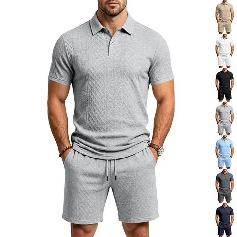 Herren Sommer Schwerer Jacquard Polohemd Und Shorts Set Lässig Kurzarm Top Und Bottom Locker Pendler Anzug