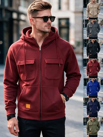 Sudadera con Capucha y Cremallera para Hombre Estilo Americano Forro Polar Cuello Alto Casual con Varios Bolsillos Color Sólido