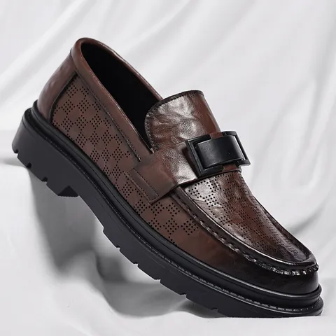 Men Summer Hollow Breathable Regenerated Leather Loafers Vintage Business Casual Slip-on Shoes With Rubber Lug Sole Brown Black