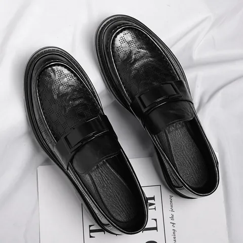 Men Summer Hollow Breathable Regenerated Leather Loafers Vintage Business Casual Slip-on Shoes With Rubber Lug Sole Brown Black