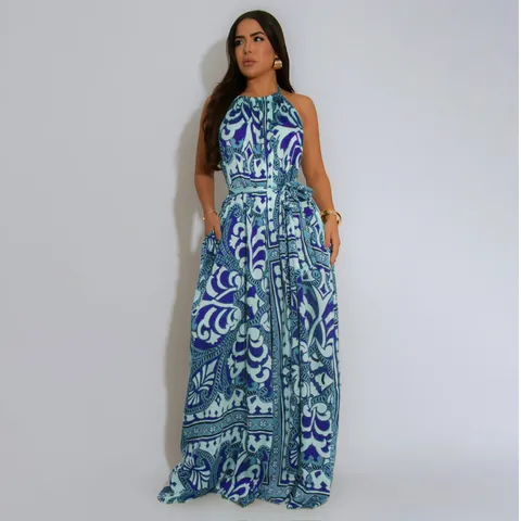 Halter Neck Backless Paisley Print Jumpsuit For Women Summer Vacation Sexy Sleeveless Wide Leg Romper With Tie Waist Pocket