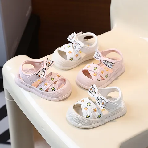 Sandales pour Bébés Filles Semelle Souple Premiers Pas Antidérapant Chaussures de Princesse Avec Nœud Broderie Florale Été