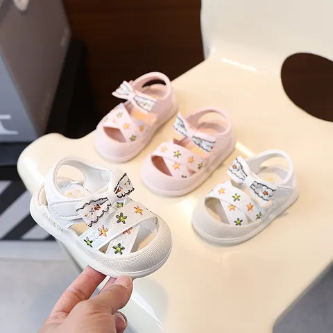 Sandales pour Bébés Filles Semelle Souple Premiers Pas Antidérapant Chaussures de Princesse Avec Nœud Broderie Florale Été