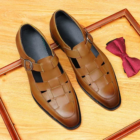 Men's Cowhide Leather Woven Sandals British Style Hollow Out Buckle Monk Strap Casual Breathable Summer Sandals For Men Office Outdoor