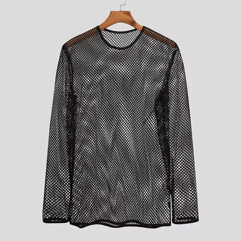Men's Sexy Mesh Fishnet Long Sleeve T-Shirt See Through Hollow Out Clubwear Fitness Breathable Crew Neck Tee Black Top