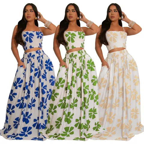 Bohemian Floral Print Women Summer Cami Smocked Top And Maxi Skirt Vacation Beachwear Holiday Outfits