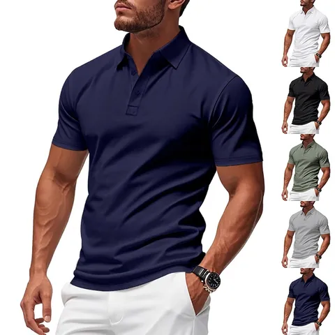 Men Short Sleeve Polo Shirt Breathable Knitted Polyester Golf Top Slim Fit Casual Solid Color Summer Urban Fashion Top