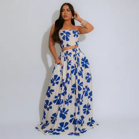 Bohemian Floral Print Women Summer Cami Smocked Top And Maxi Skirt Vacation Beachwear Holiday Outfits