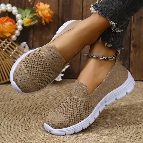 Women Breathable Mesh Casual Shoes Round Toe Slip On Flat Sneakers Khaki Black Grey Summer Spring Lightweight Loafers