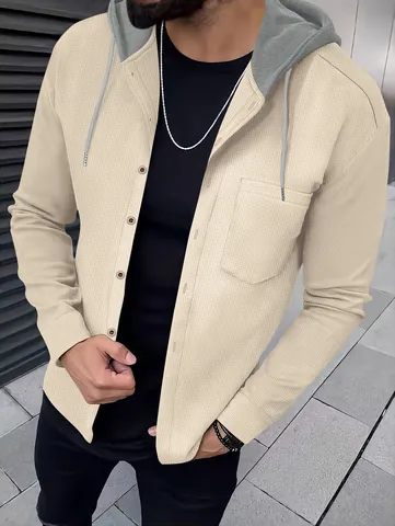 Men Casual Waffle Knit Hooded Cardigan Jacket Single Breasted Color Block Long Sleeve Autumn Top Outwear Coat