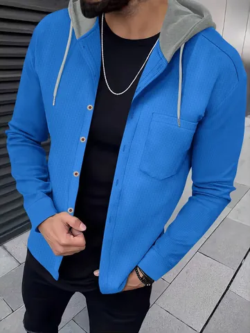 Men Casual Waffle Knit Hooded Cardigan Jacket Single Breasted Color Block Long Sleeve Autumn Top Outwear Coat