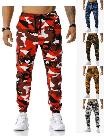 Men's Camouflage Cargo Jogger Pants Outdoor Sports Soccer Fitness Sweatpants With Pockets Drawstring Waist Ribbed Cuffs