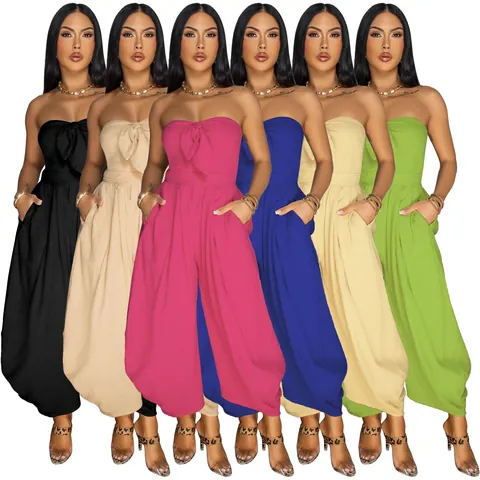 Women's Sexy Bandeau Wide Leg Jumpsuit Strapless Bow Tie Front High Waist Crinkled Jumpsuit With Pockets For Summer Casual