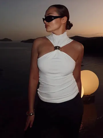 Canotta Donna Sexy Allacciata al Collo Con Decorazione in Metallo Senza Maniche Vestibilità Aderente Tinta Unita Poliestere Streetwear Festa Top