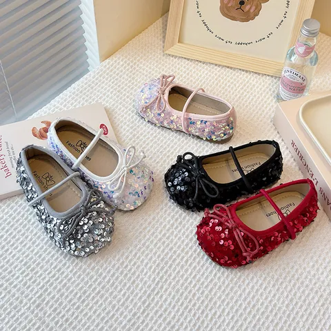 Elegant Sequin Girls Princess Shoes Soft Sole Shiny Bow Mary Jane Flats Spring Autumn Daily Fashion Footwear For Kids