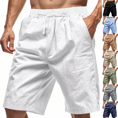 Men Casual Polyester Shorts Straight Leg Loose Fit Elastic Drawstring Waist Summer Beach Sports Bottoms