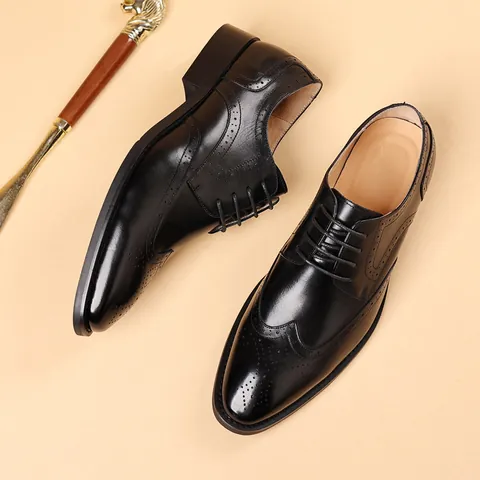 Zapatos Oxford de Negocios para Hombre Estilo Británico Brogue Tallado Cuero Genuino Zapatos Formales Cuero de Vaca