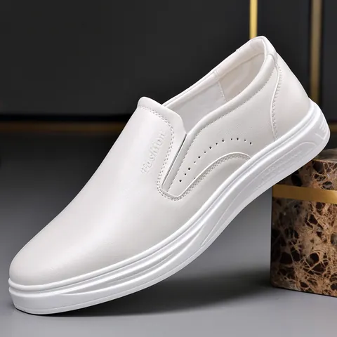 Mocasines Casuales de Negocios para Hombre Cuero de PU Zapatos de Conducción Transpirables Bajos Planos Tallas Grandes Negro Blanco